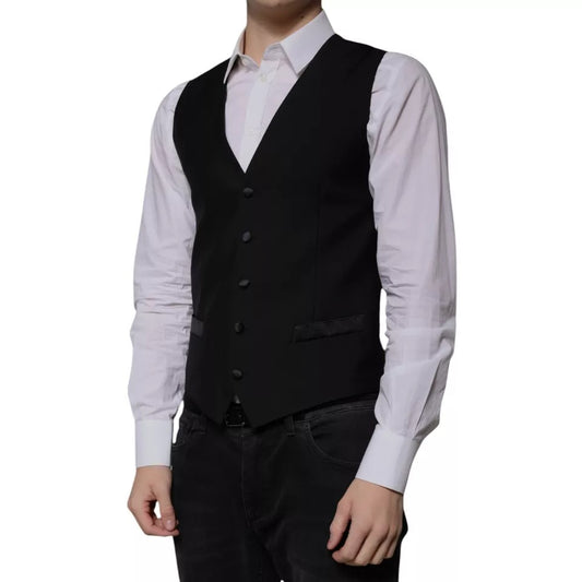 A black wool vest with a double-breasted design, worn by a mannequin