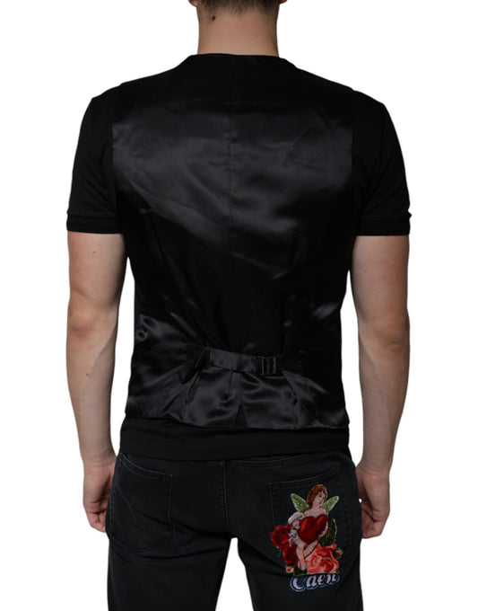 A black wool vest with a lapel collar, worn by a mannequin