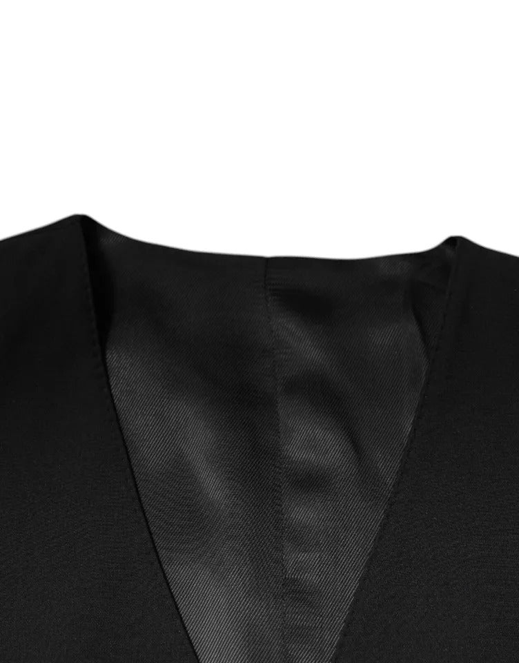 A black wool vest with a V-neck and lapel