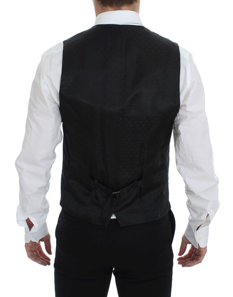 A black wool vest with a satin lapel and matching trousers