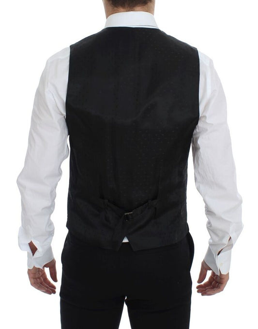 A black wool vest with a satin lapel and matching trousers