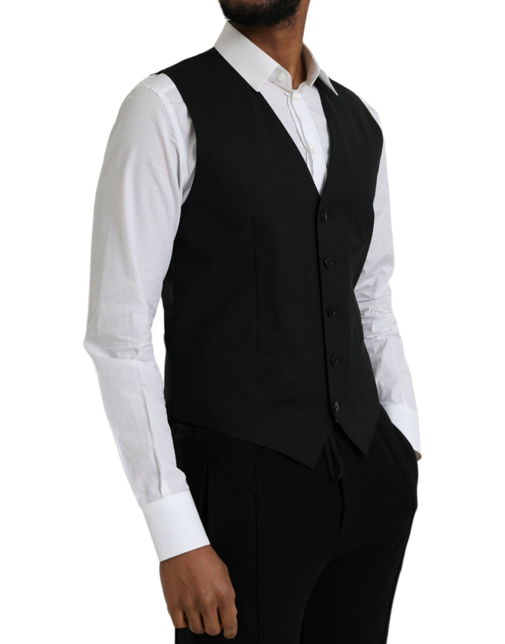 A black wool vest with a notched collar, worn by a mannequin
