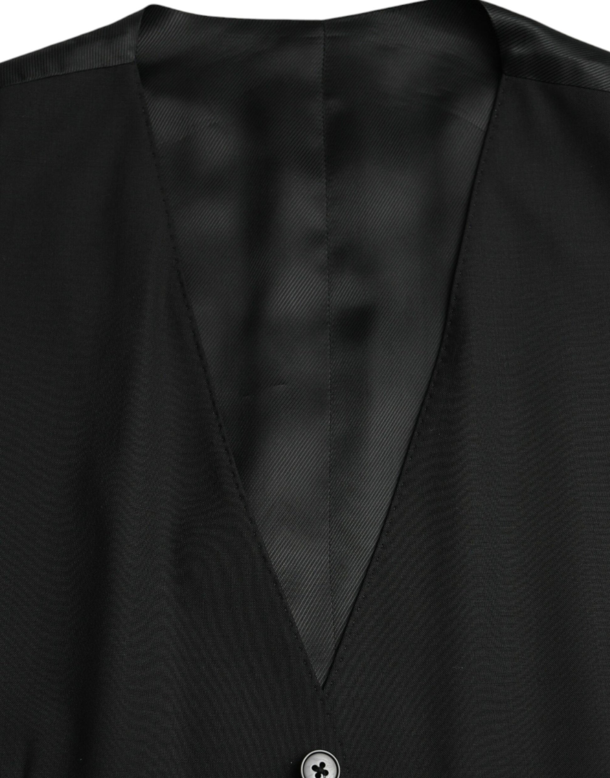 A black wool vest with a notched collar, part of a formal dress ensemble