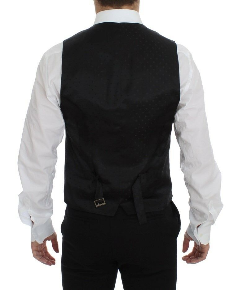 A black wool vest with a logo on the back, part of a suit