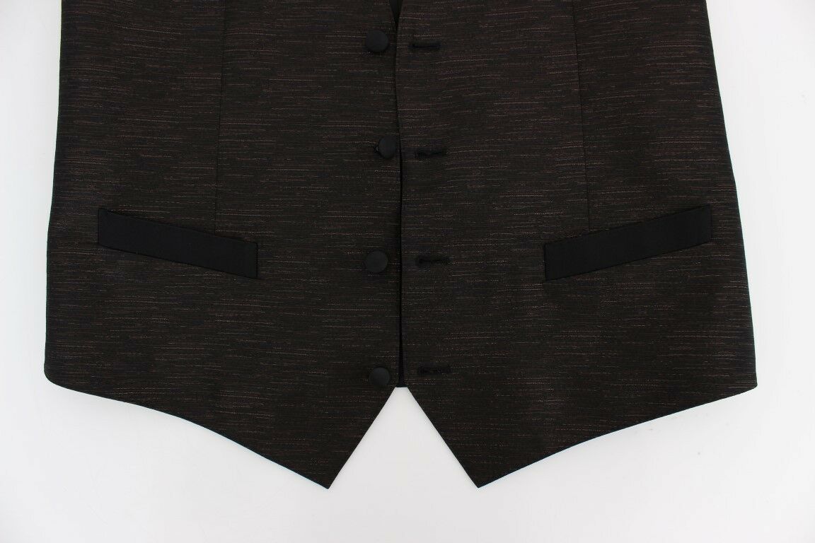 A black wool vest with a logo on the front, part of a suit