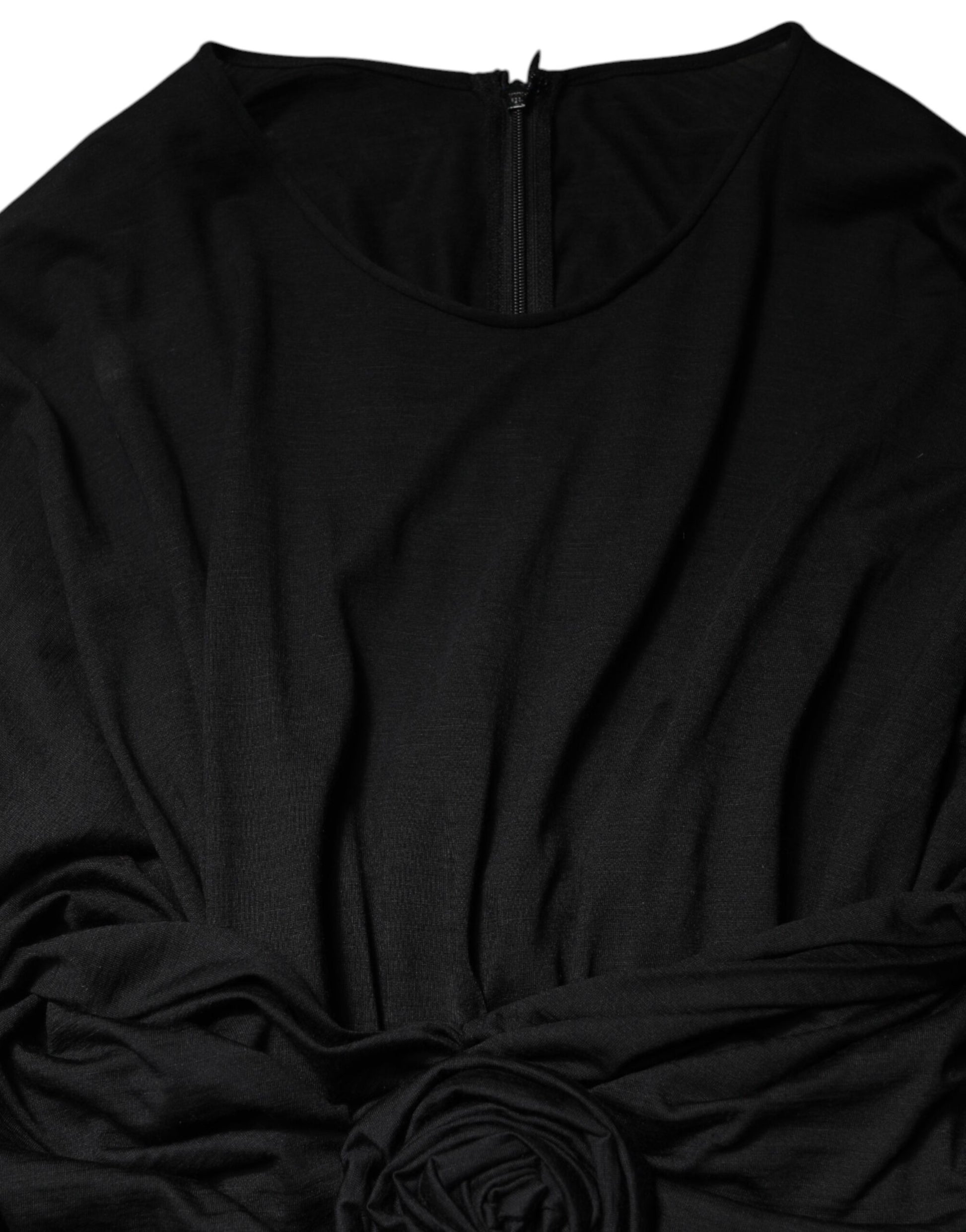 Black wool midi dress with long sleeves and ruched detailing