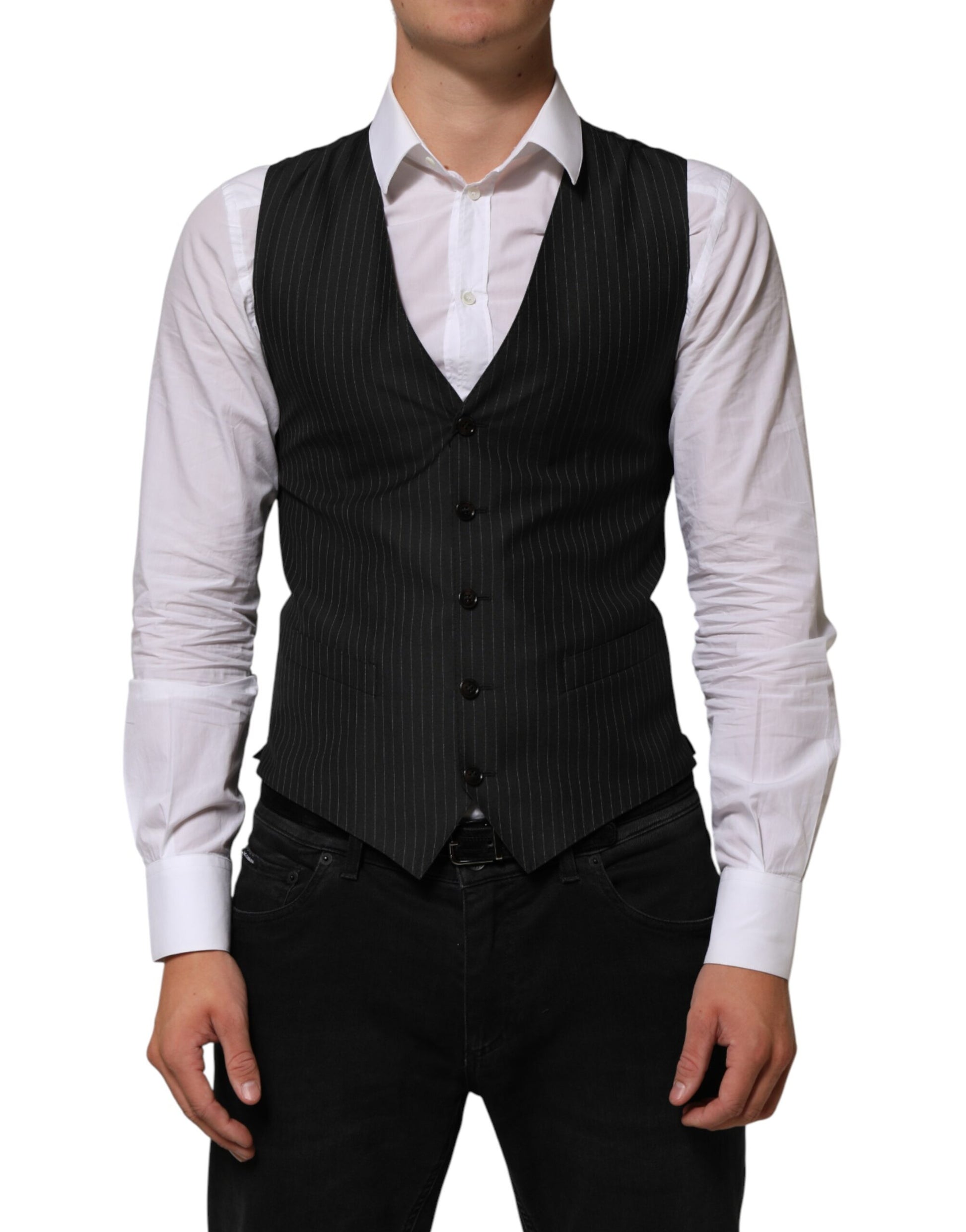 A black wool vest with a pinstripe pattern, part of a formal men's suit