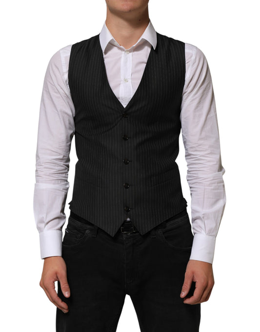 A black wool vest with a pinstripe pattern, part of a formal men's suit