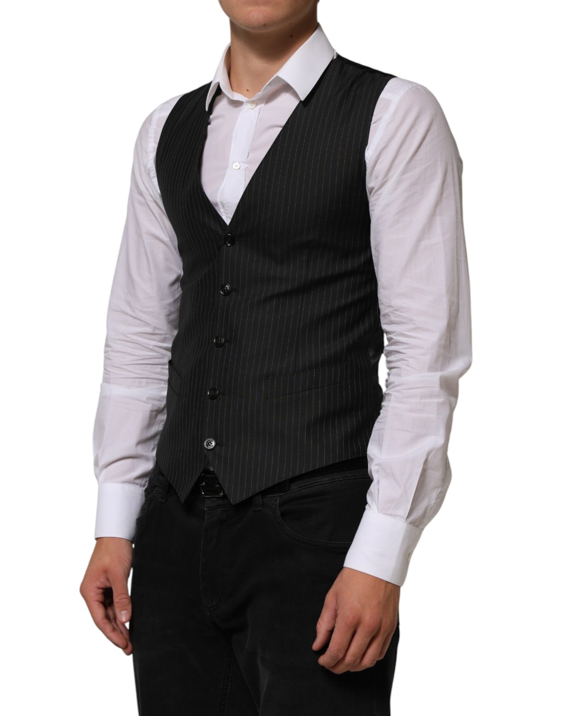 A black wool vest with a pinstripe pattern, part of a formal men's suit