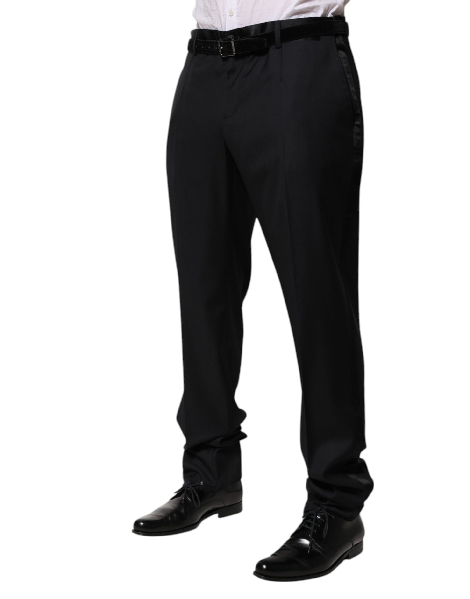 A pair of black wool formal dress trousers from the brand Dolce & Gabbana. They are designed for men and feat