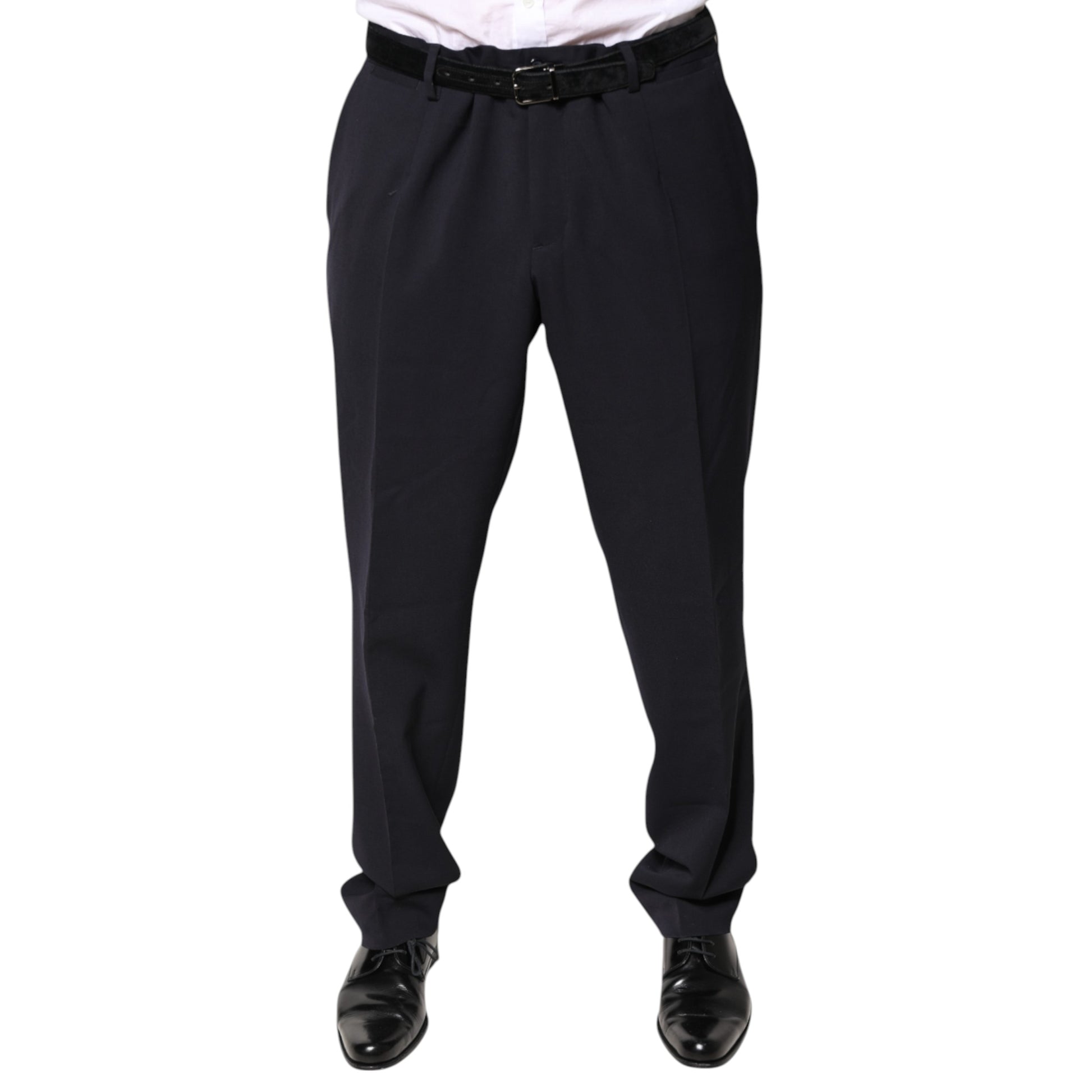 Men's black wool dress pants with mid waist, featuring a slim fit and a classic design