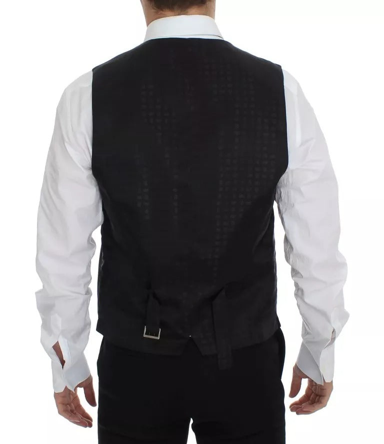 A black vest with a wool and silk blend, featuring a lapel collar