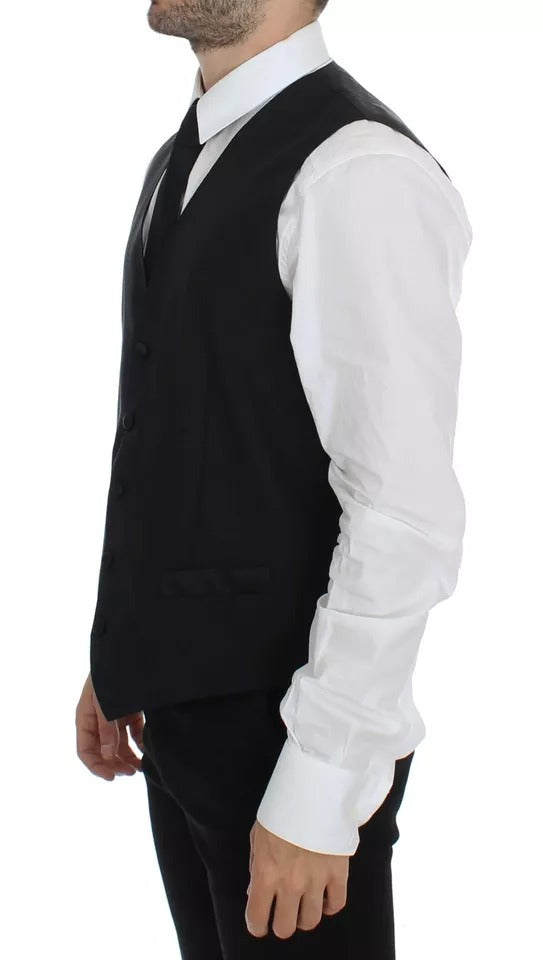A black vest with a wool and silk blend, featuring a lapel collar