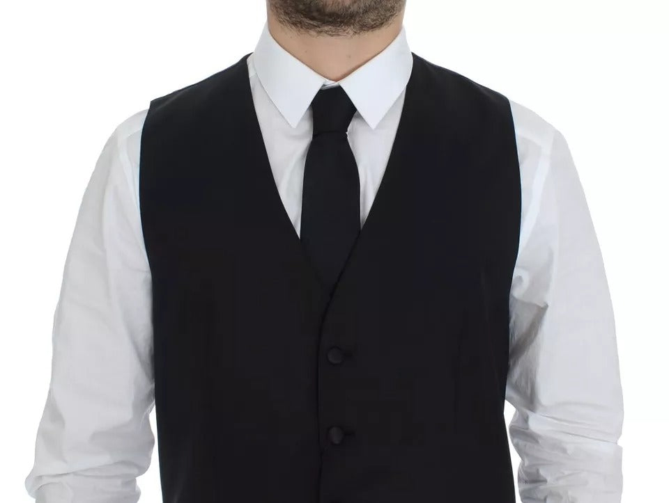 A black vest with a silky texture, part of a formal dress ensemble