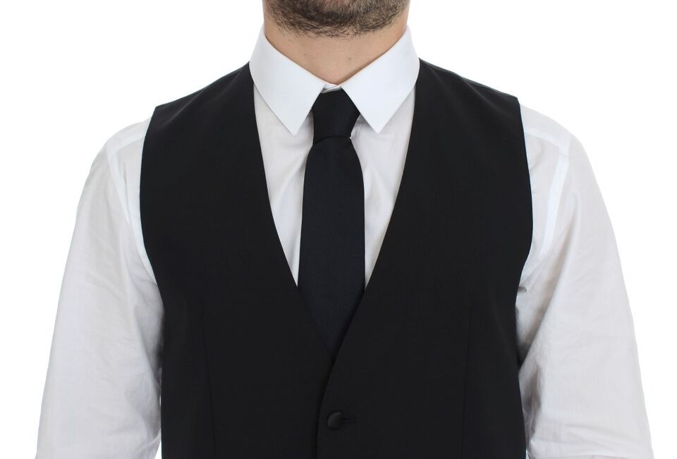 A black wool silk stretch vest blazer with a lapel collar