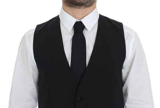 A black wool silk stretch vest blazer with a lapel collar