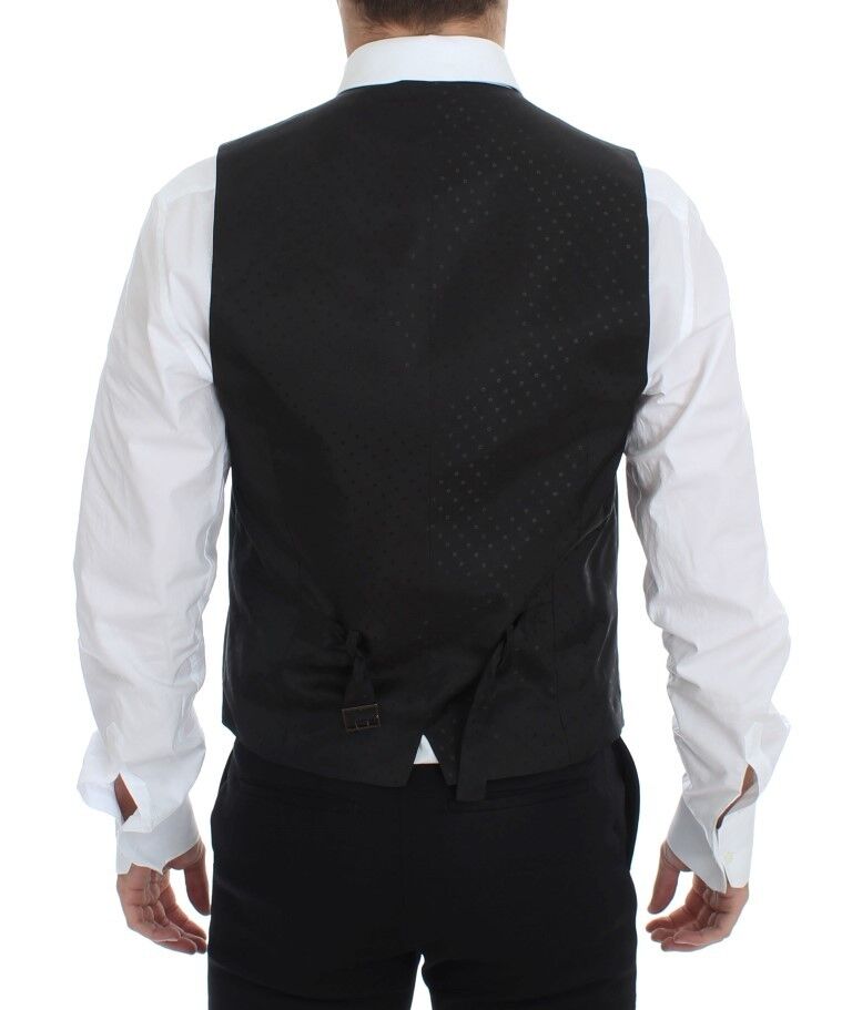 A black vest with a wool and silk blend, featuring stretch material