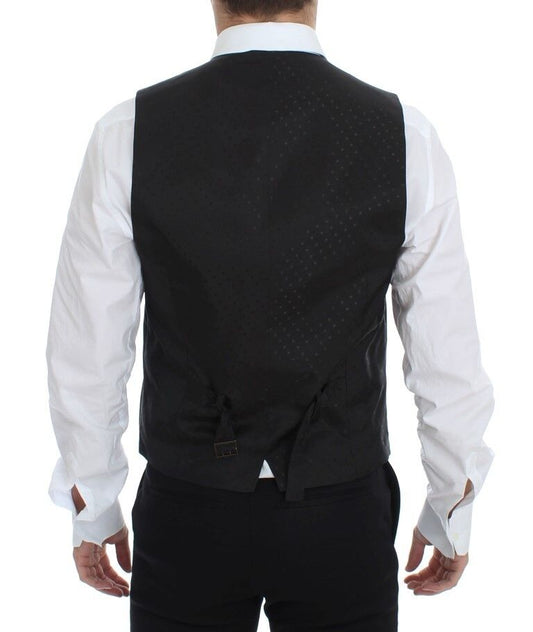 A black vest with a wool and silk blend, featuring stretch material