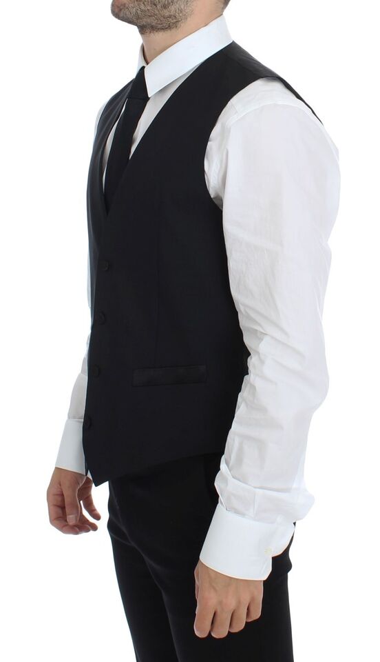 A black wool silk stretch vest blazer with a lapel collar