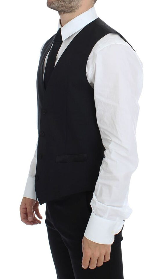 A black wool silk stretch vest blazer with a lapel collar