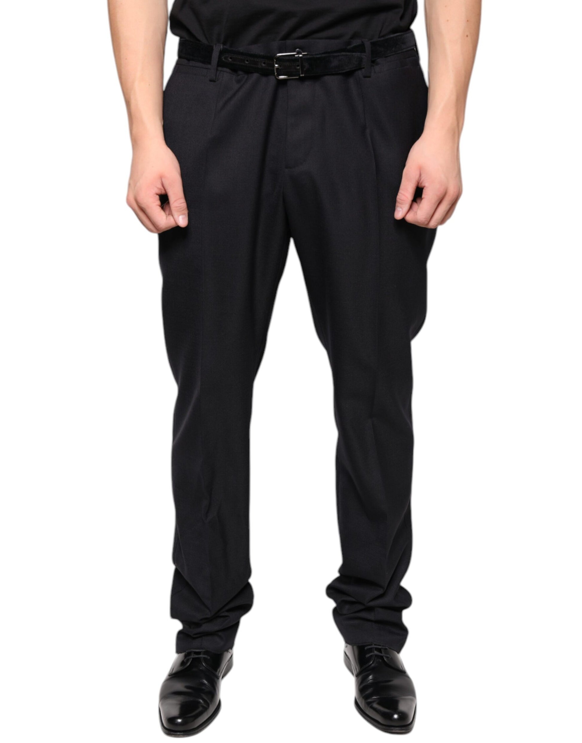 Men's black wool dress pants with a slim fit and belt loops
