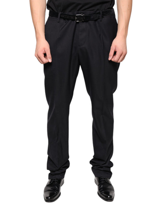 Men's black wool dress pants with a slim fit and belt loops