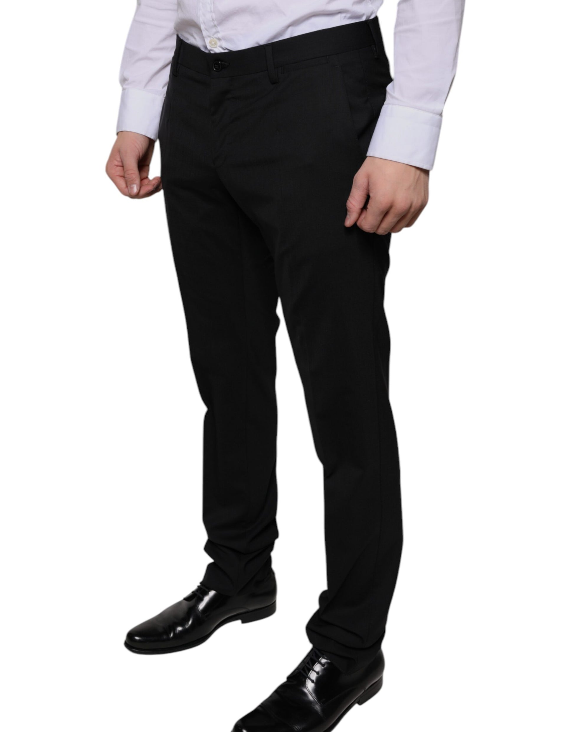 Men's black wool dress pants with a slim fit and a skinny leg
