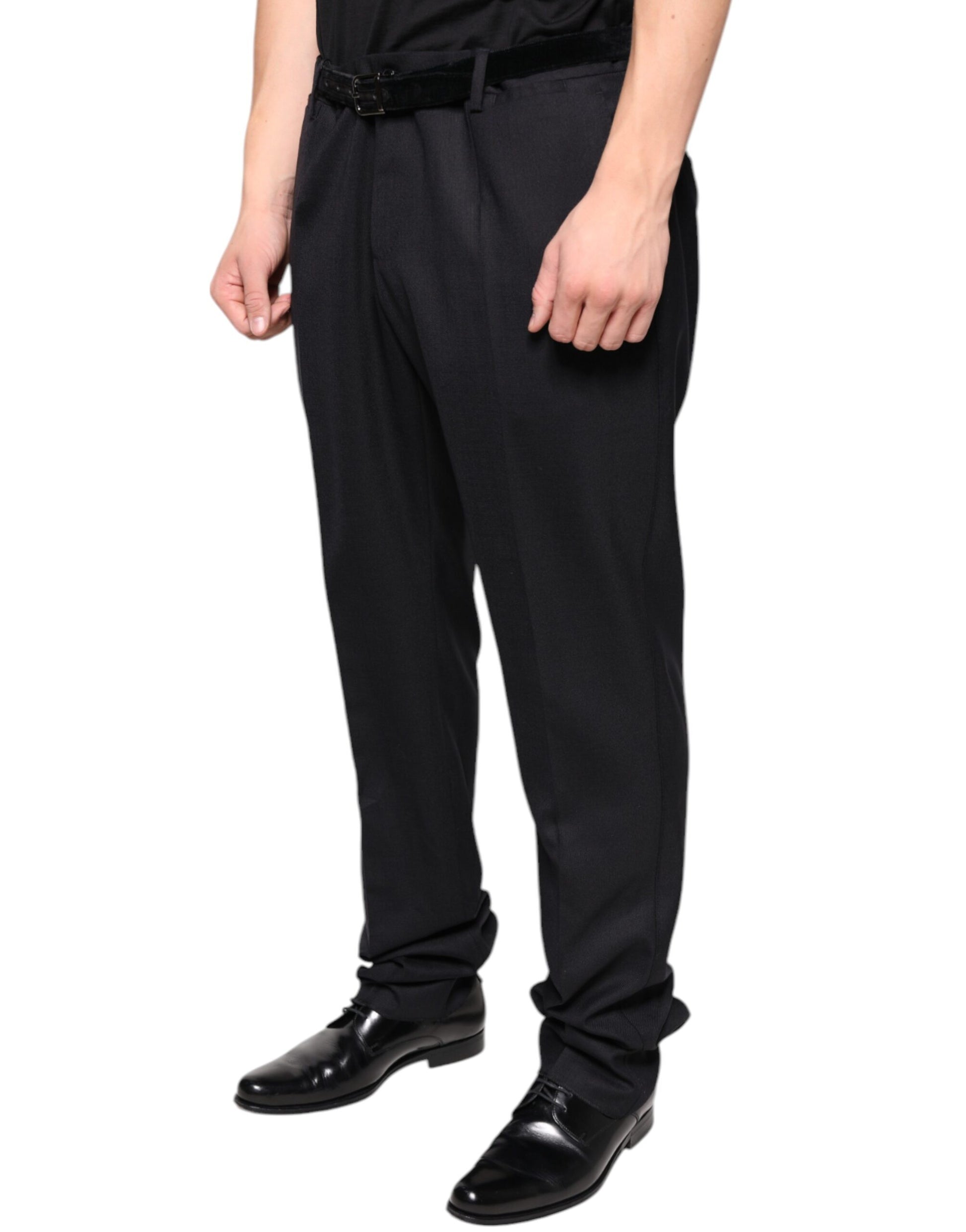A pair of black wool skinny dress pants from the brand Dolce & Gabbana. They are designed for formal wear and
