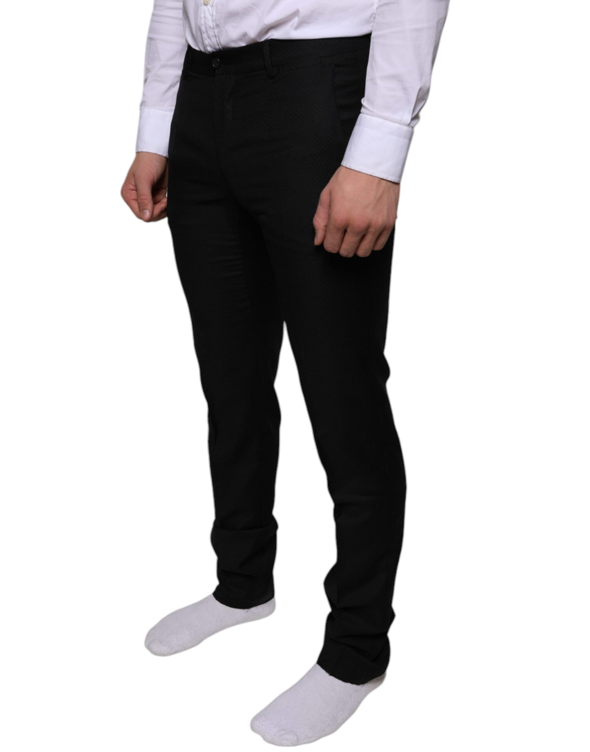Men's black wool skinny dress pants with a slim fit, featuring a waistband and zipper closure