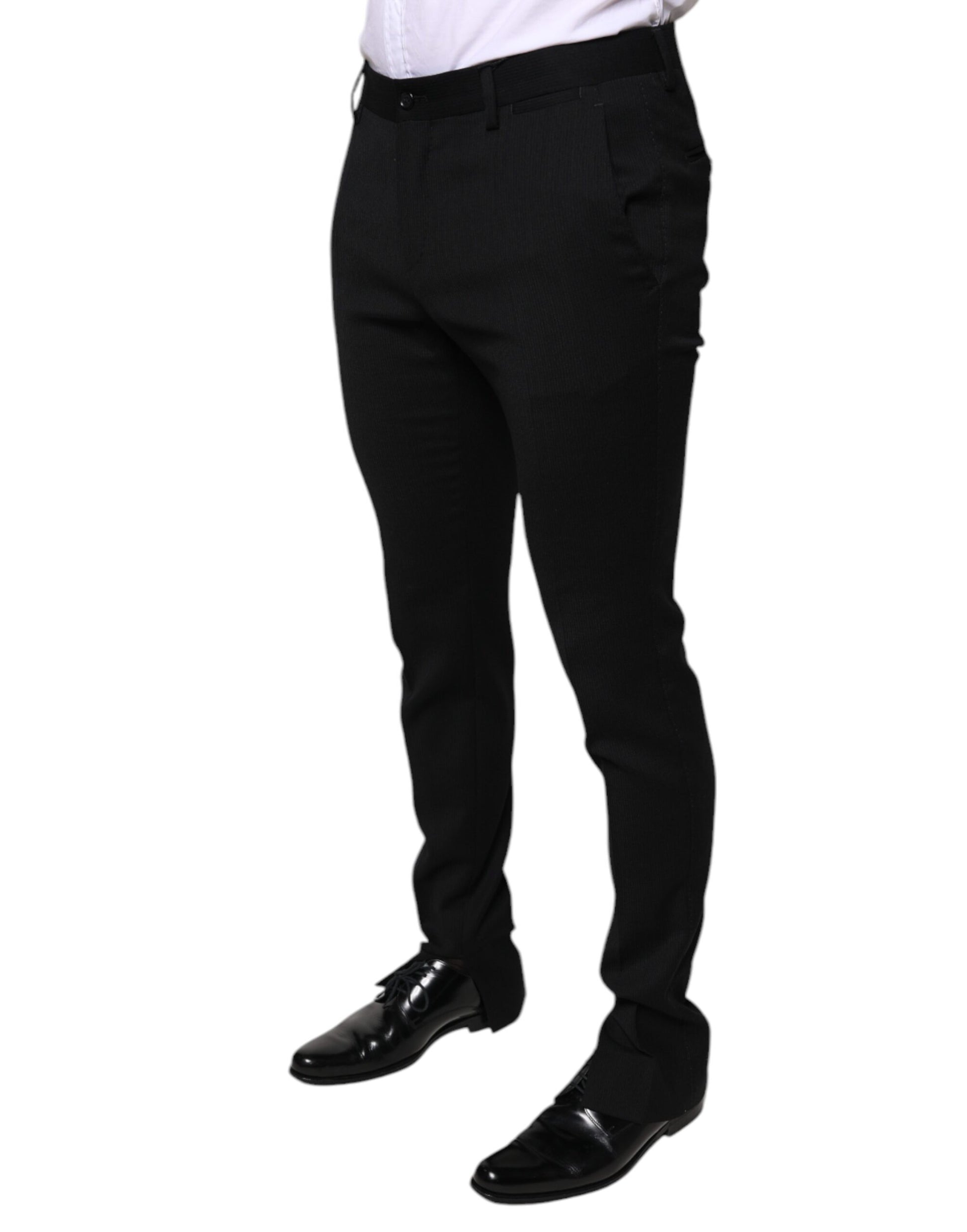 Men's black wool skinny dress pants with a slim fit and shiny finish