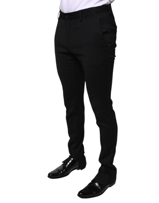 Men's black wool skinny dress pants with a slim fit and shiny finish