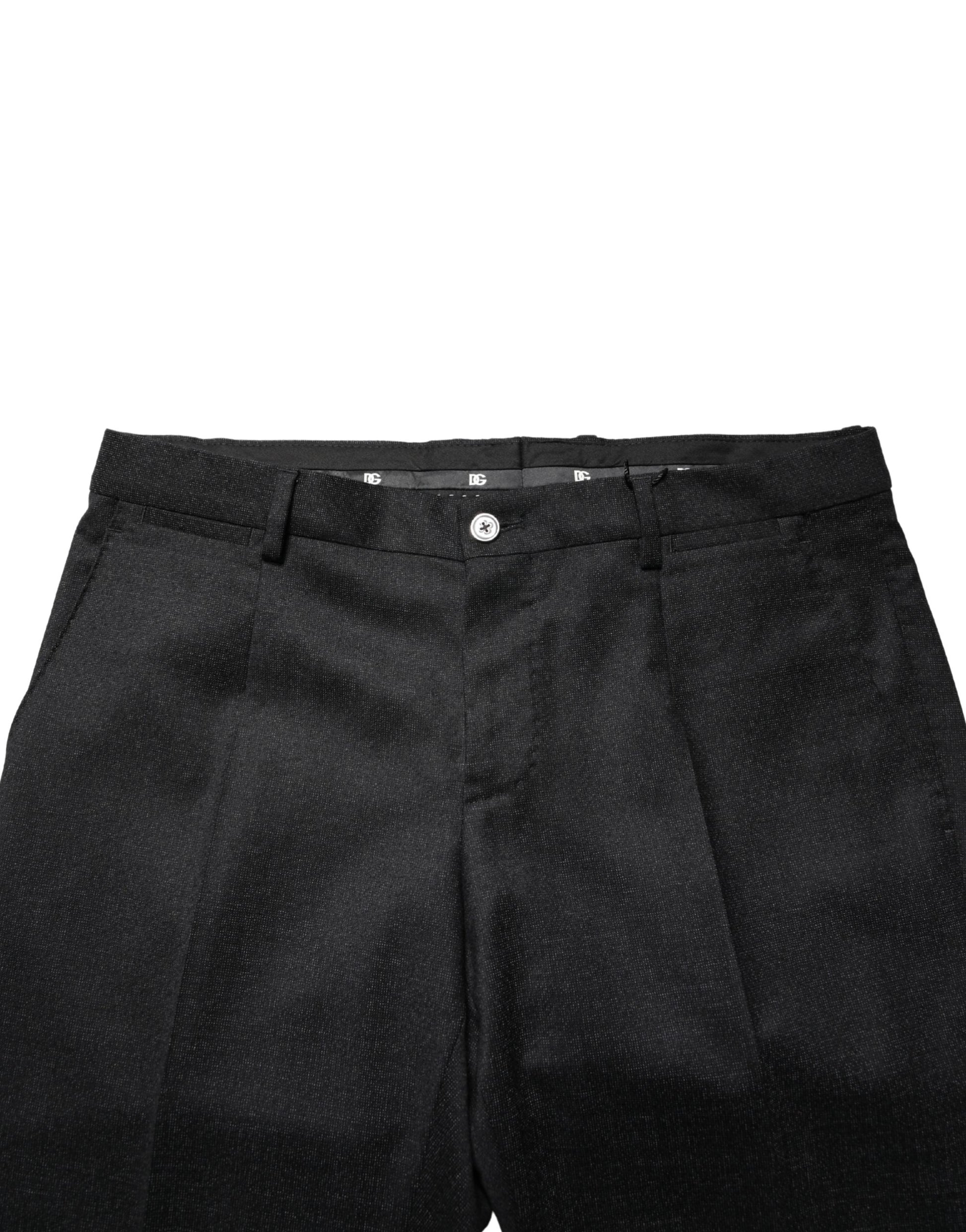 A pair of black wool skinny men's dress trousers with a textured pattern