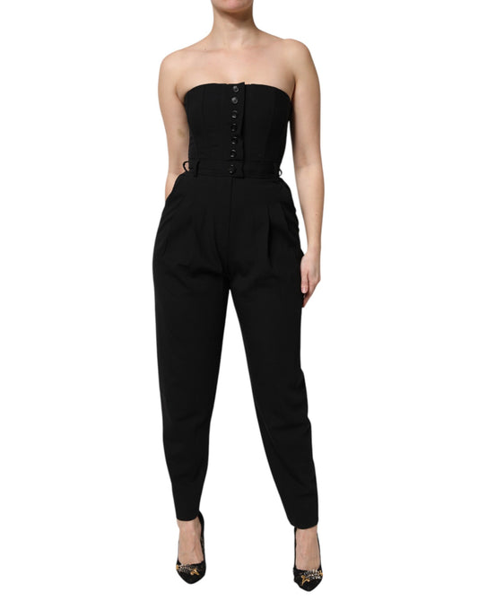 A black wool strapless romper jumpsuit dress with a fitted waist and high-waisted pants