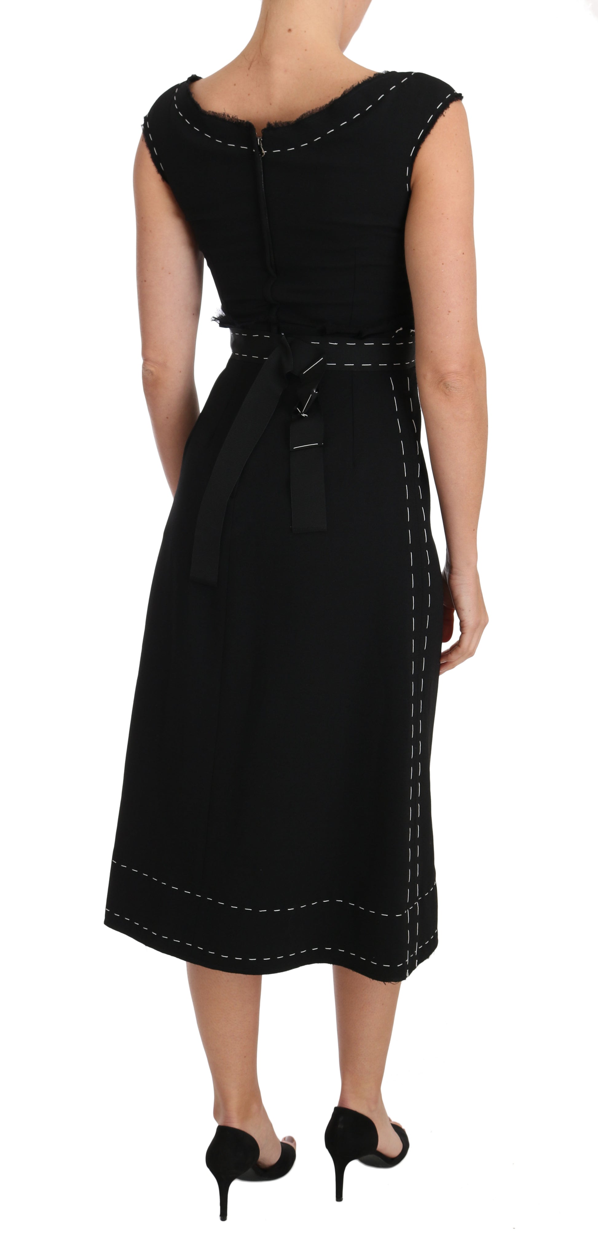 A black wool stretch A-line sheath dress by Dolce & Gabbana