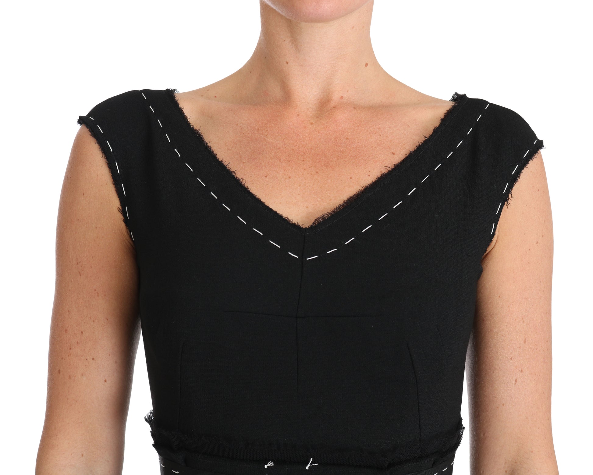 A black wool stretch A-line sheath dress with a V-neck and short sleeves