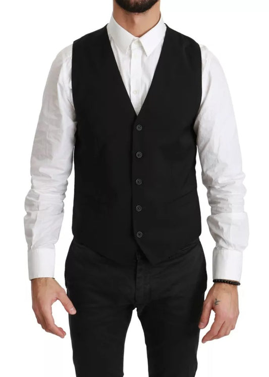 A black wool vest with stretch waistband, part of a formal dress suit