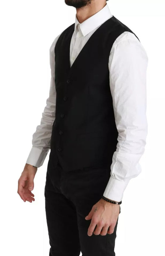 A black wool vest with stretch waistband, part of a formal dress ensemble