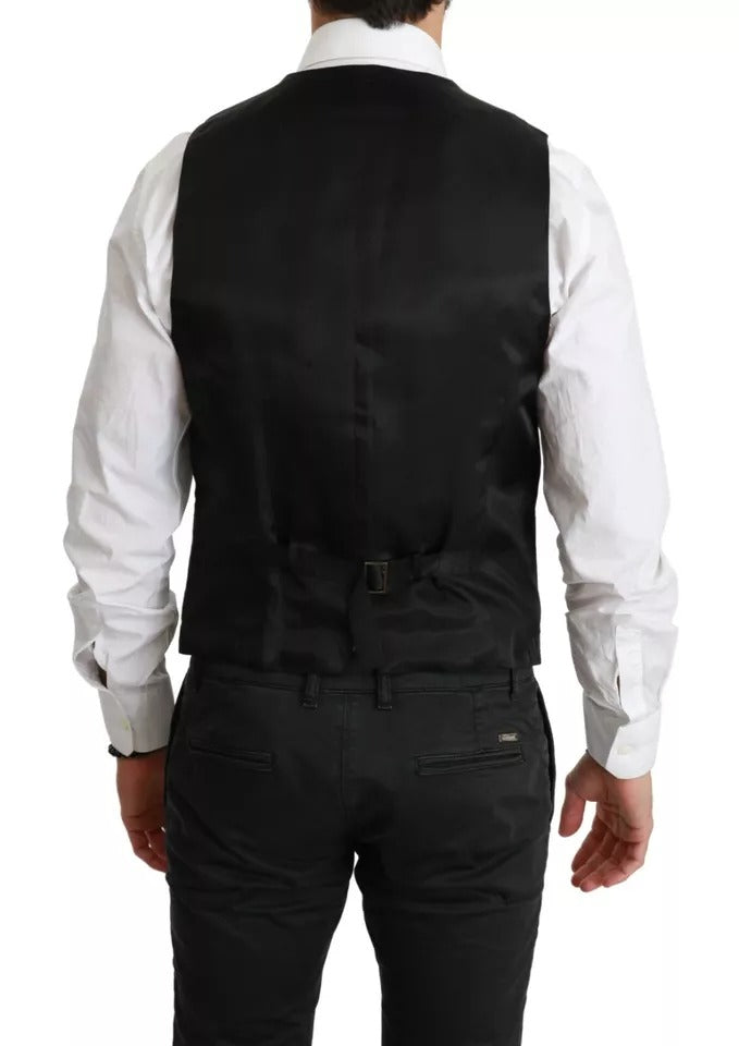 A black wool vest with stretch waistband, part of a formal dress ensemble