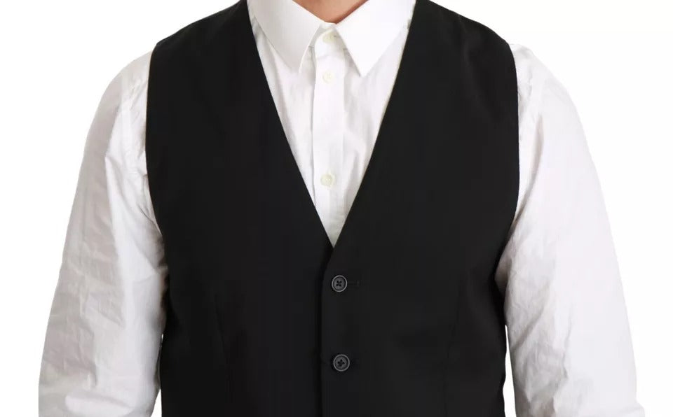 A black wool vest with a stretch waistband, part of a formal dress ensemble