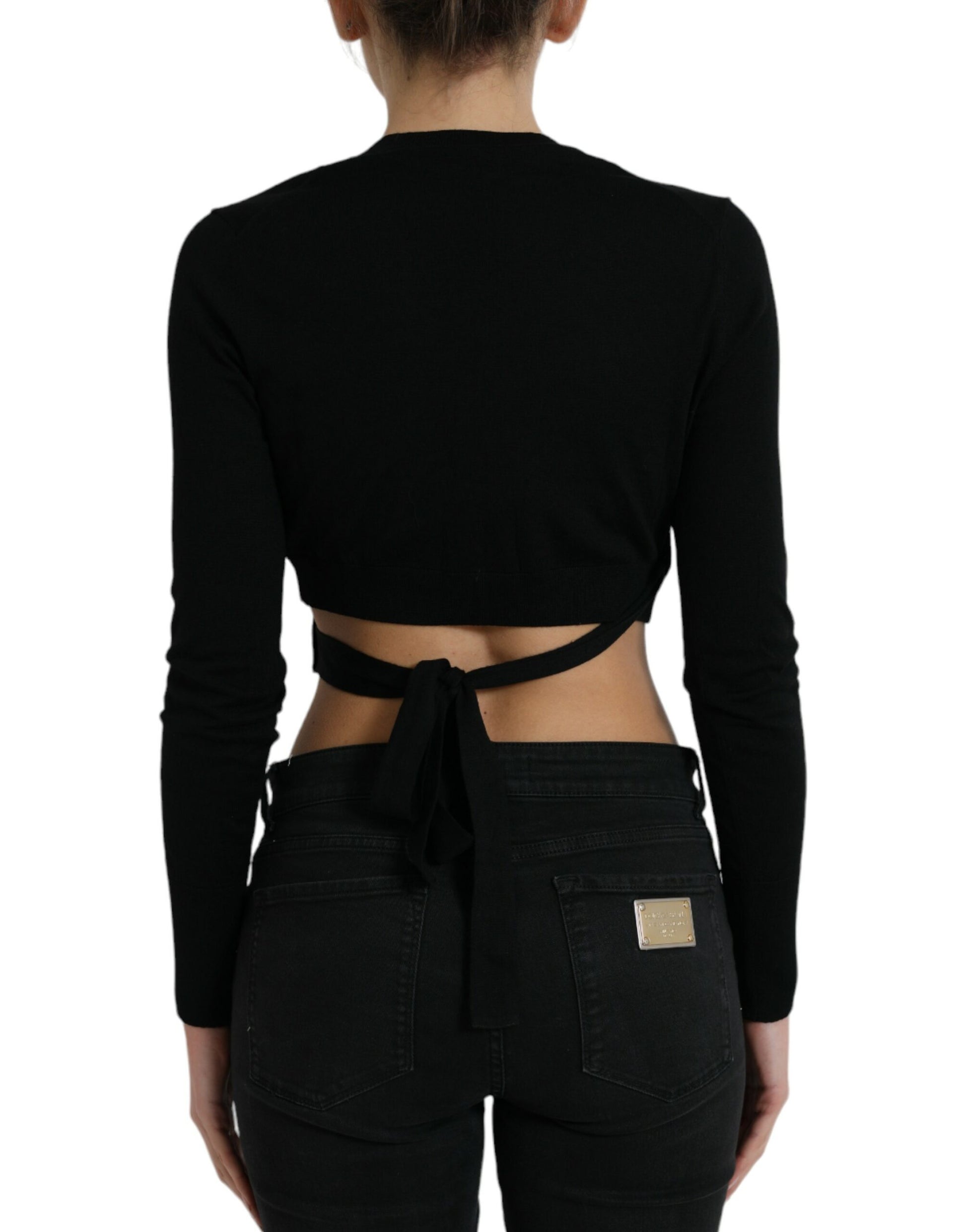 Black long sleeve top with back tie detail