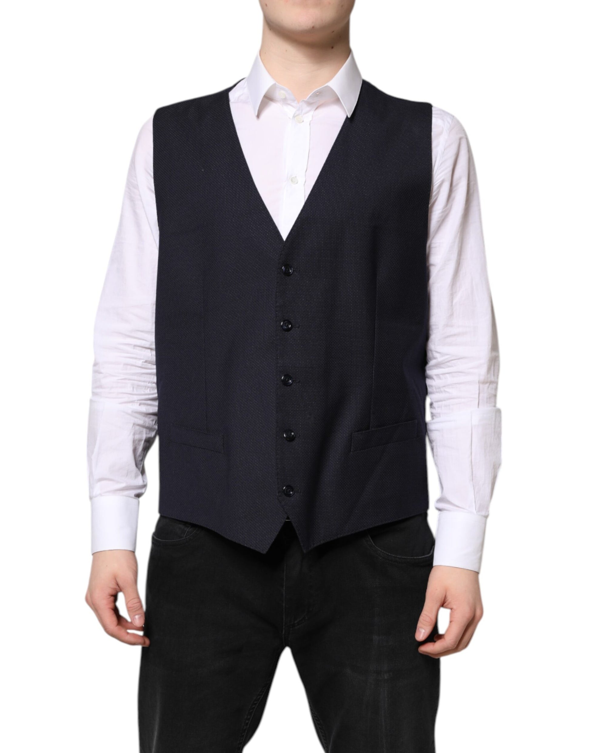 A black wool vest with buttons and a lapel, part of formal wear