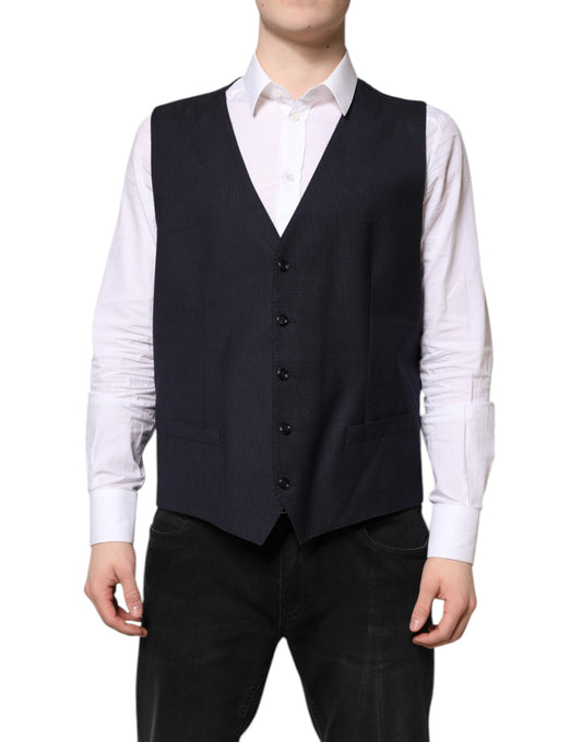 A black wool vest with buttons and a lapel, part of formal wear