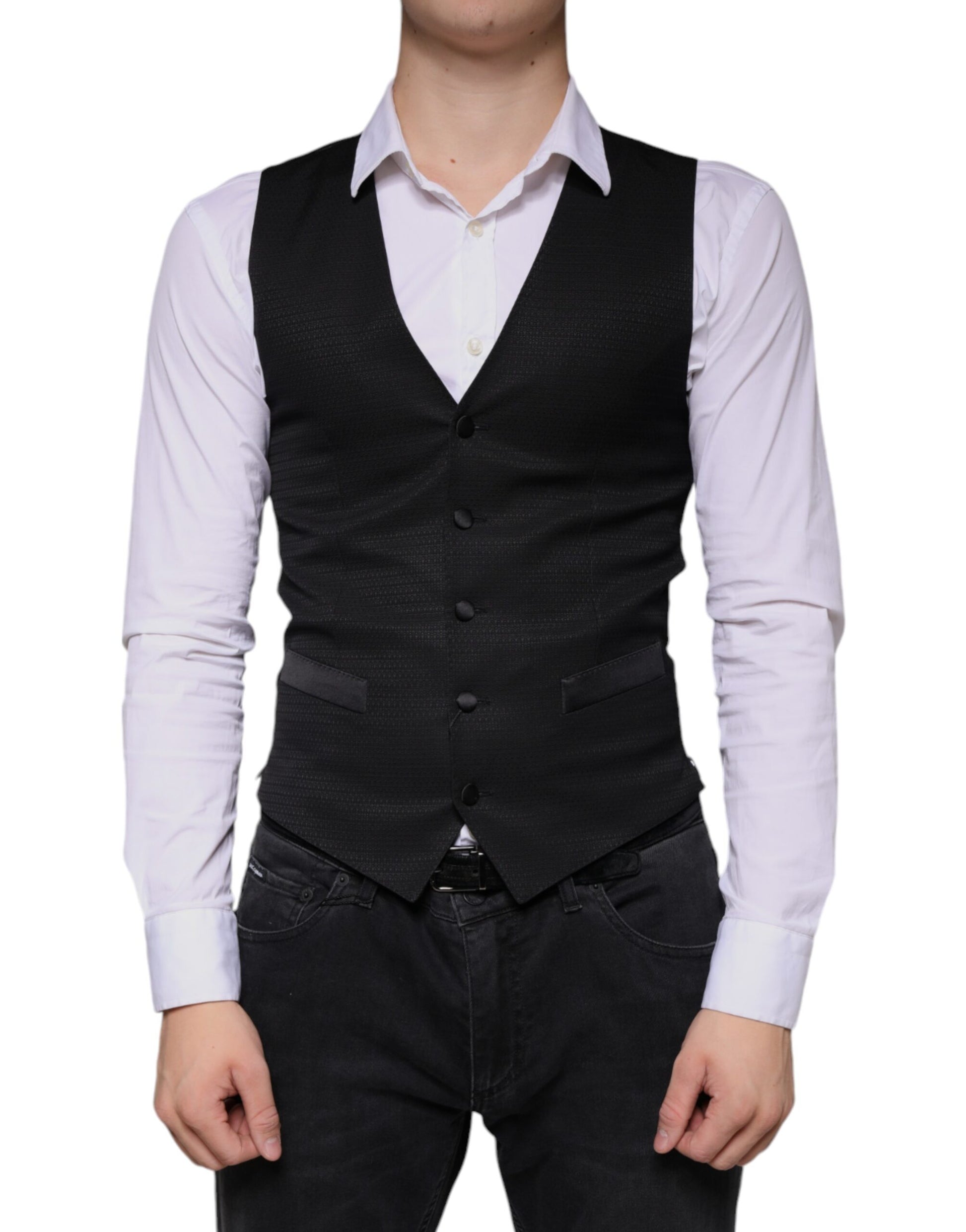 A black wool vest with a waistcoat design, part of a formal dress ensemble