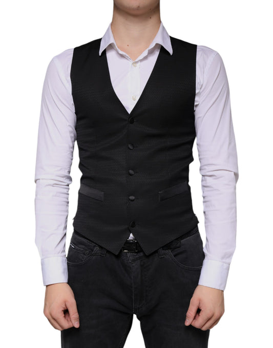 A black wool vest with a waistcoat design, part of a formal dress ensemble