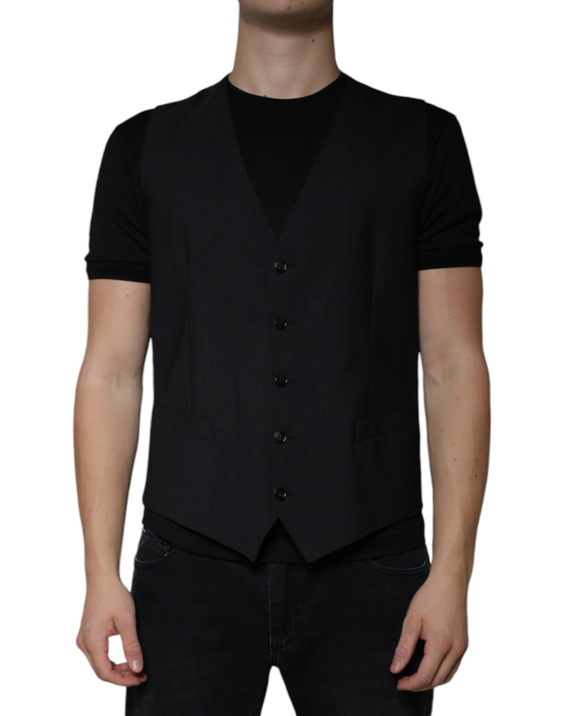 A black wool vest with buttons, part of a formal dress ensemble