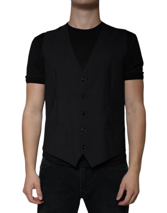 A black wool vest with buttons, part of a formal dress ensemble