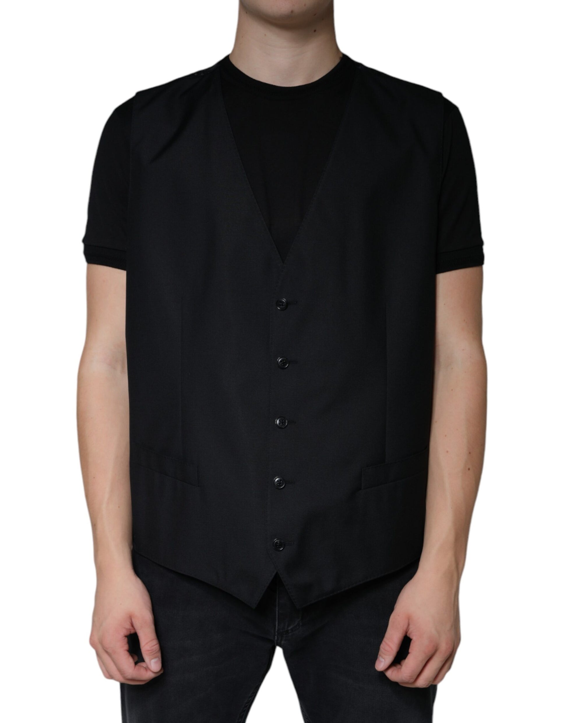 A black wool vest with buttons and a lapel, part of a formal dress ensemble