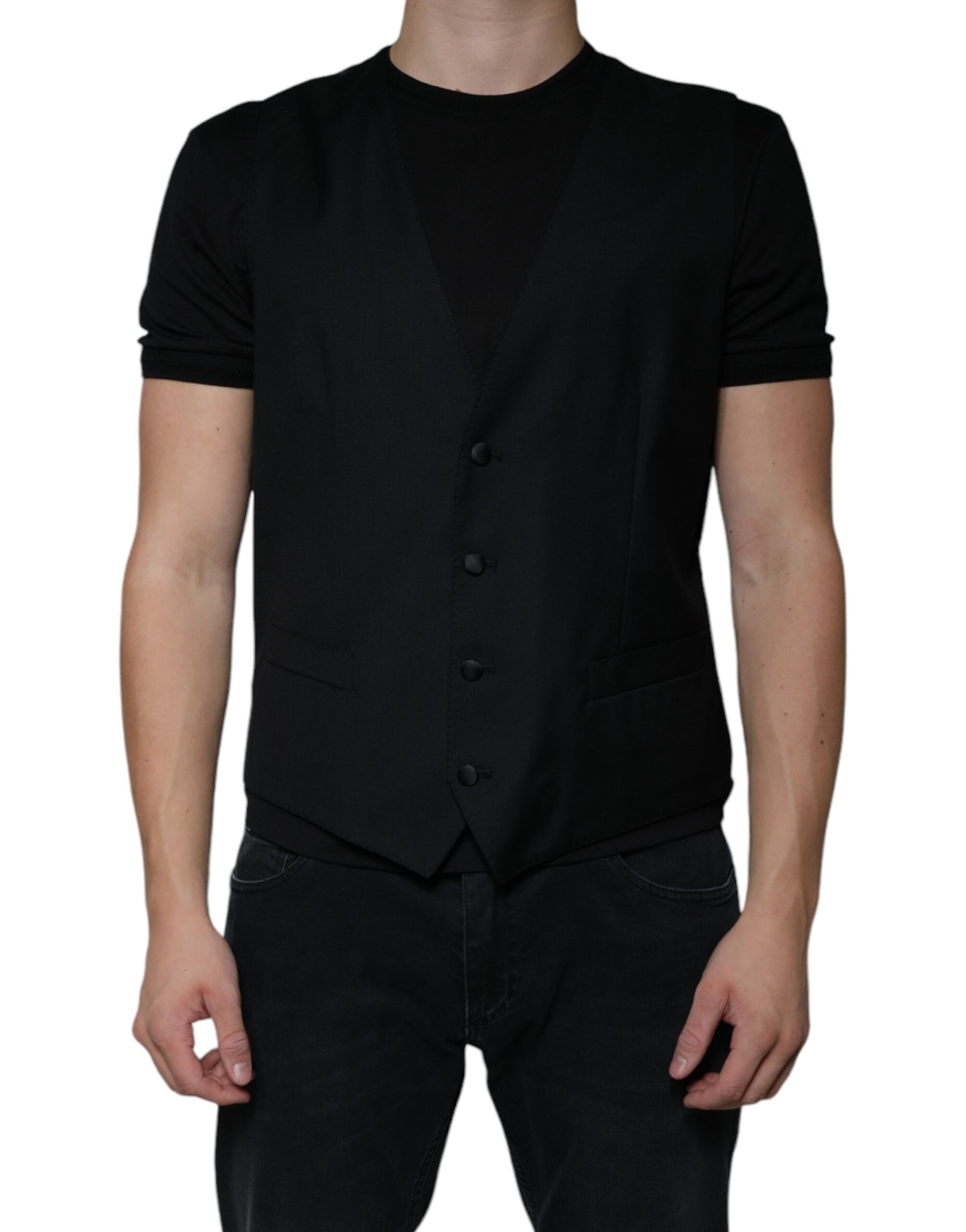 A black wool vest with buttons and a lapel, part of formal wear