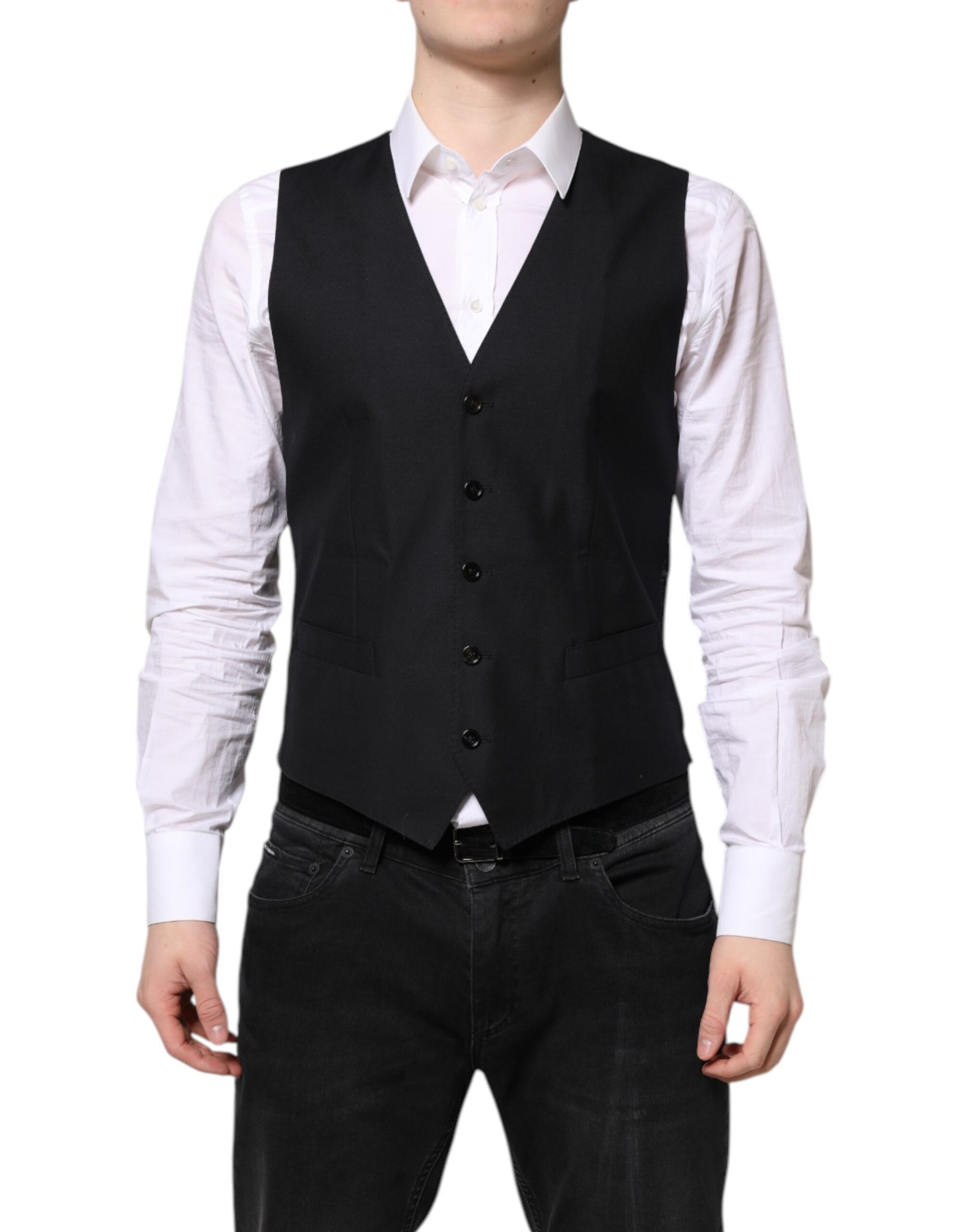 A black wool vest with buttons and a lapel, part of formal wear