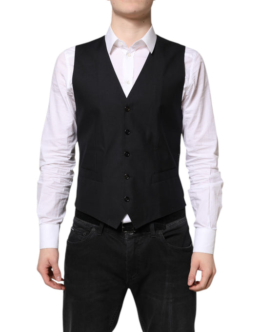 A black wool vest with buttons and a lapel, part of formal wear
